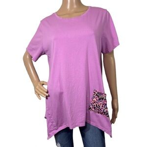 LOGO by Lori Goldstein Women's Lavender Top with Leopard Print Pocket Size L